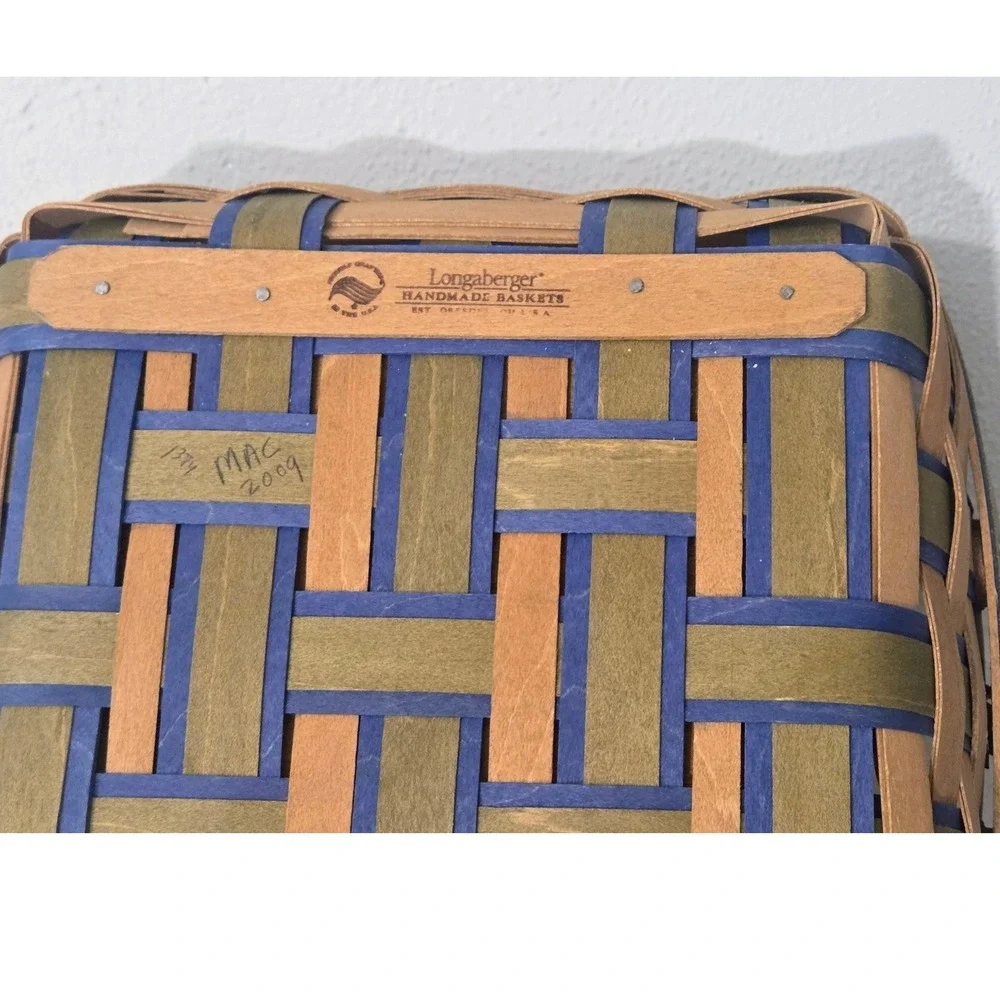 Longaberger 2009 Handmade Basket Blue Green Woven‎ Square Leather Handles USA